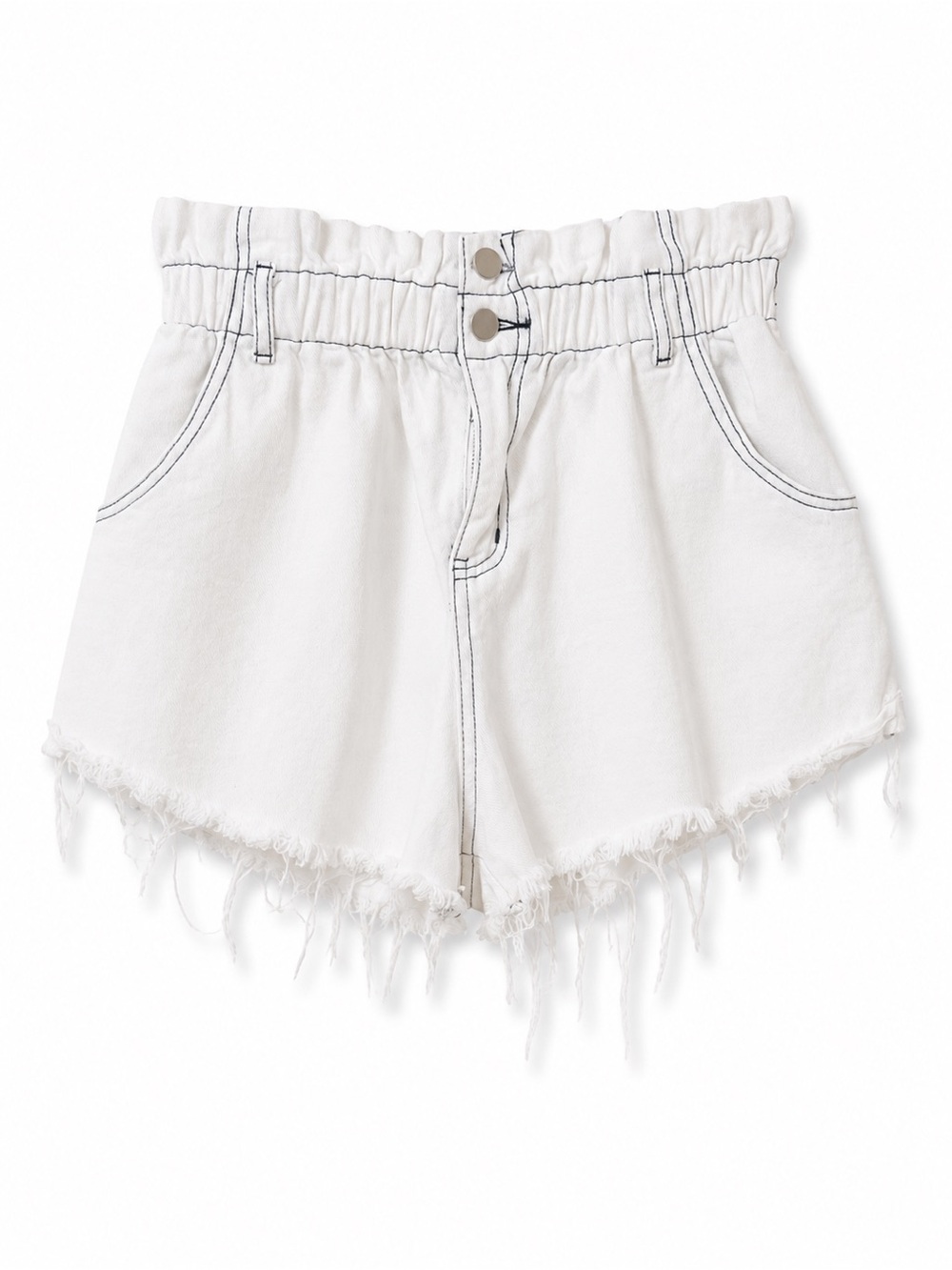 Elastic Waist White Frayed-Hem Jean Shorts